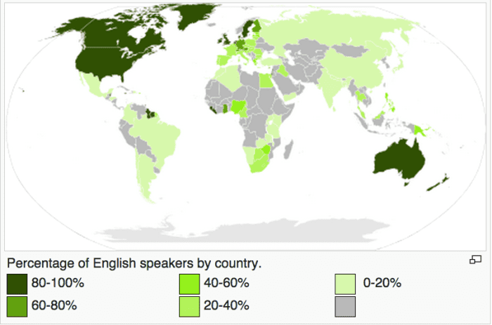 Mapa mundial de paises hablantes del idioma inglés