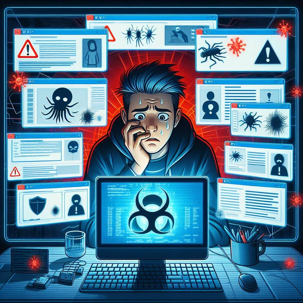 Chico mirando su computadora ante una amenaza de virus o malware